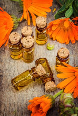 ahşap arka plan (metin için yer üzerinde ot calendula officinalis).