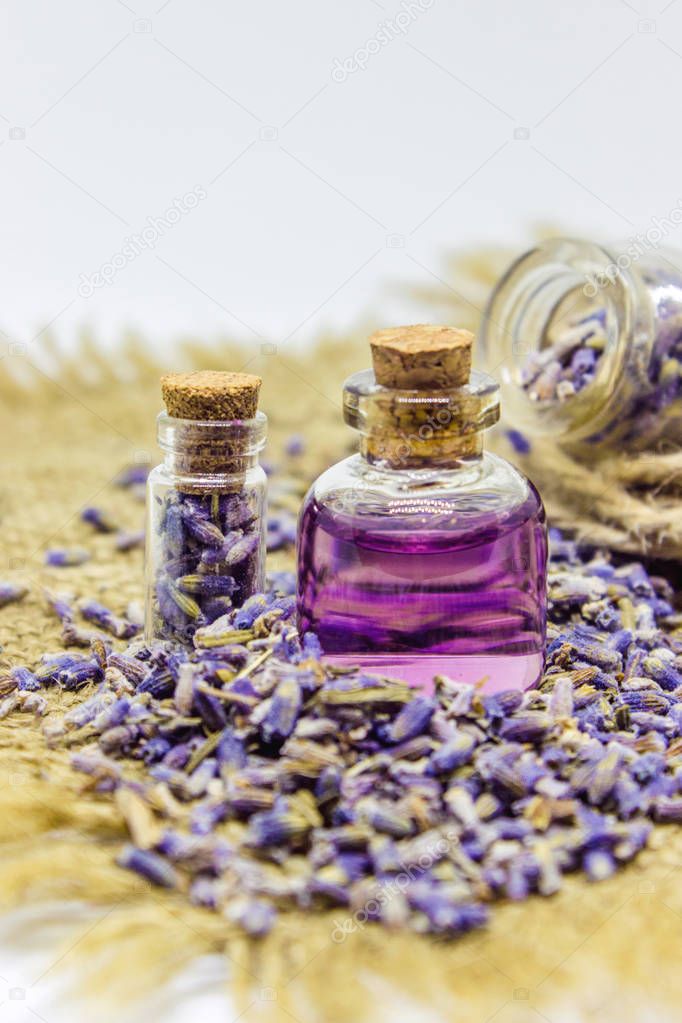 Lavender essential oil in a small bottle.