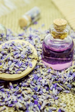 Lavanta esansiyel yağı küçük bir şişe içinde.