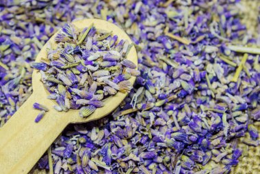 Lavanta esansiyel yağı küçük bir şişe içinde.