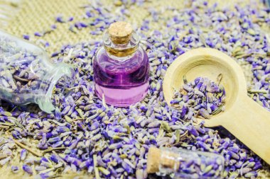 Lavanta esansiyel yağı küçük bir şişe içinde.