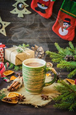 Yeni yıl süslemeleri ve muamele etmek ile Noel arka plan.