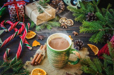 Yeni yıl süslemeleri ve muamele etmek ile Noel arka plan.