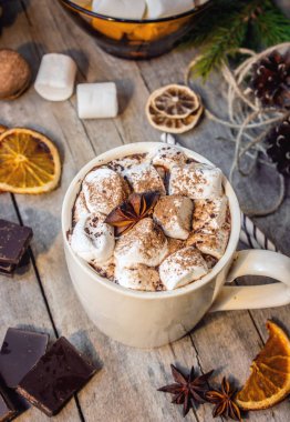 sıcak kakao marshmallows ile. Noel arka plan. 
