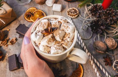 sıcak kakao marshmallows ile. Noel arka plan. 