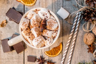sıcak kakao marshmallows ile. Noel arka plan. 