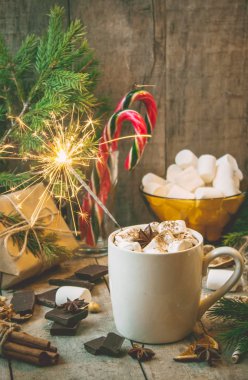 sıcak kakao marshmallows ile. Noel arka plan.