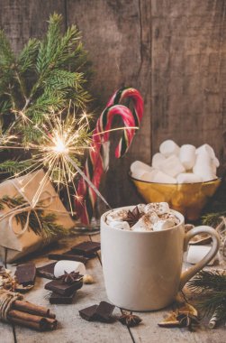 sıcak kakao marshmallows ile. Noel arka plan.