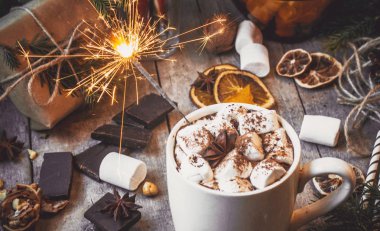 sıcak kakao marshmallows ile. Noel arka plan.
