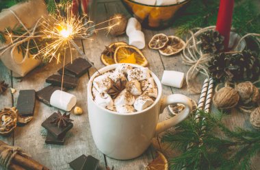 sıcak kakao marshmallows ile. Noel arka plan.