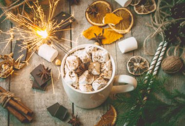 sıcak kakao marshmallows ile. Noel arka plan.
