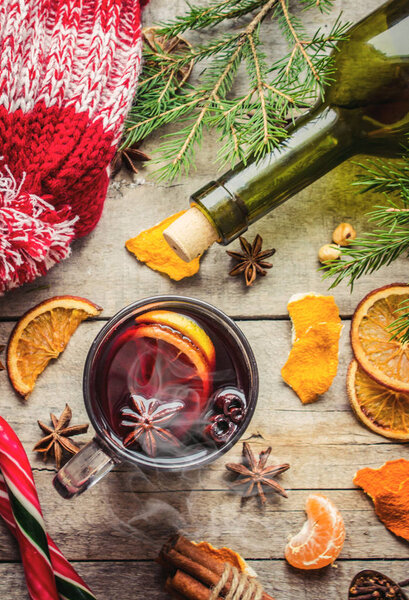 Hot mulled wine in a mug. 