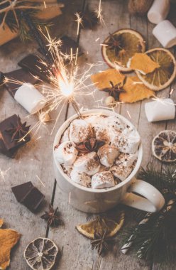 sıcak kakao marshmallows ile. Noel arka plan. 