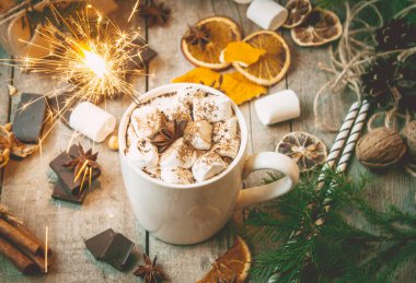 sıcak kakao marshmallows ile. Noel arka plan. 