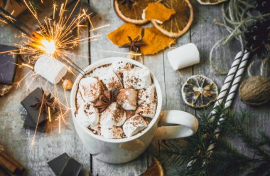 sıcak kakao marshmallows ile. Noel arka plan. 