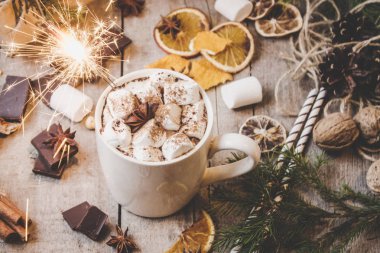 sıcak kakao marshmallows ile. Noel arka plan. 