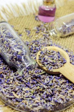 Lavanta esansiyel yağı küçük bir şişe içinde.