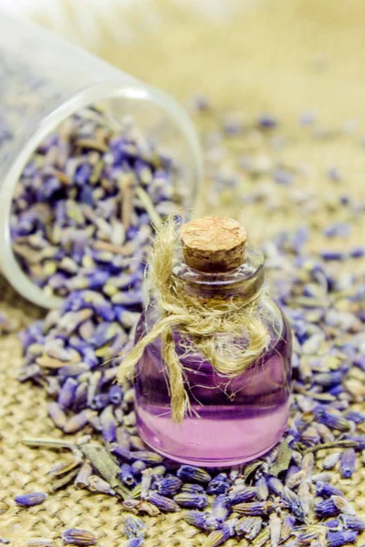 Aceite esencial de lavanda en una botella pequeña . —  Fotos de Stock