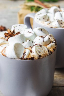 sıcak kakao marshmallows ile. Noel arka plan. 