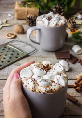 sıcak kakao marshmallows ile. Noel arka plan. 