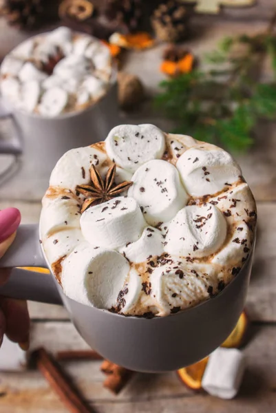 Hot cocoa with marshmallows. Christmas background. — Stock Photo, Image