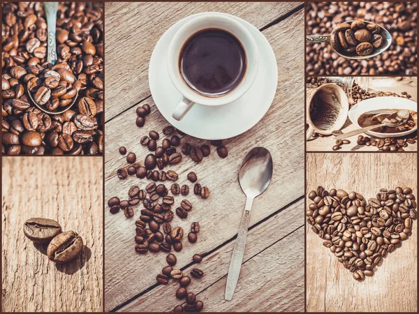 Collage mit vielen Bildern von Kaffee. — Stockfoto