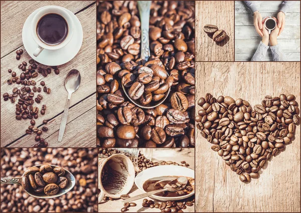 Collage mit vielen Bildern von Kaffee. — Stockfoto