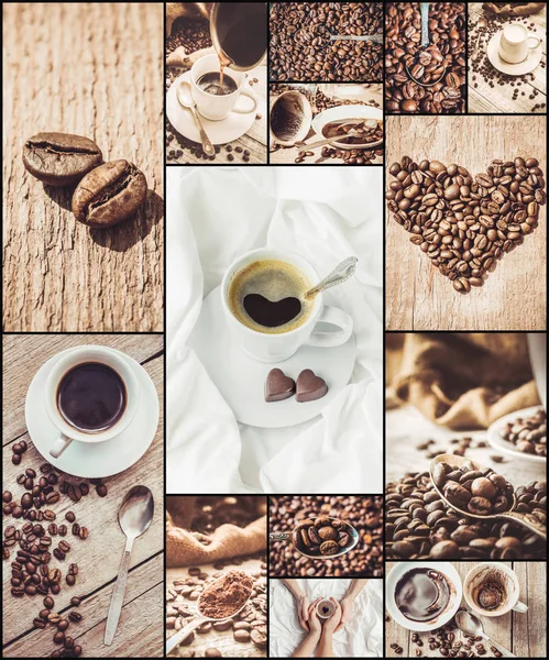 Collage mit vielen Bildern von Kaffee. — Stockfoto