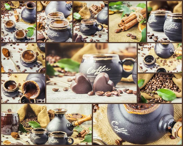 Варить кофе в Турку для коллажа "Завтрак". селективный фокус . — стоковое фото