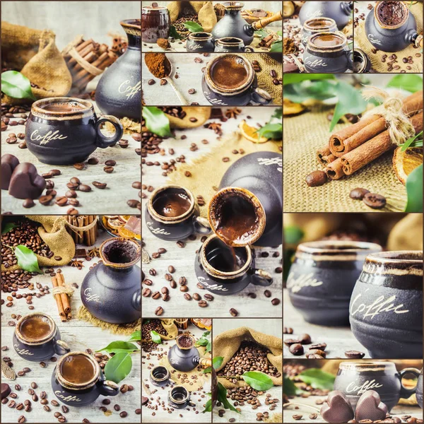Варить кофе в Турку для коллажа "Завтрак". селективный фокус . — стоковое фото