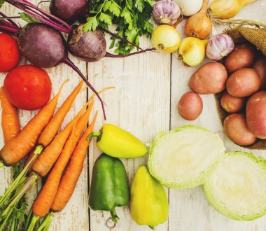 Beyaz ahşap zemin üzerinde farklı homegrown sebze. seçici odak.