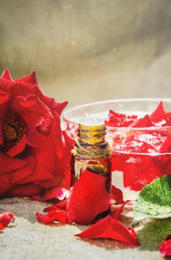 Gül uçucu yağ küçük bir kavanoza. Seçici odak.