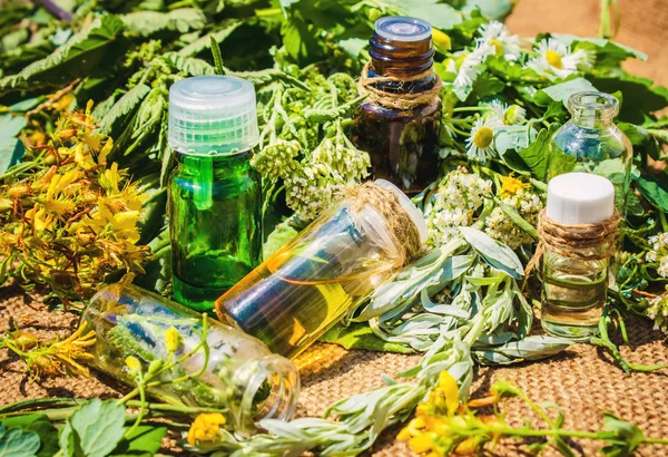 Extract of herbs in a small jar. Selective focus. — Stock Photo, Image