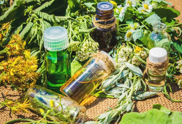 Extract of herbs in a small jar. Selective focus. — Stock Photo, Image