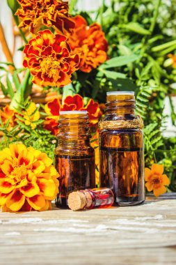 Chernobrivtsev, su küçük bir şişe içinde uçucu yağ. Seçici odak. 