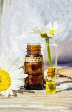 Papatya uçucu yağ küçük bir şişe içinde. Seçici odak.