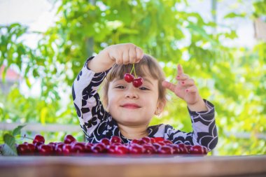 Çocuk bahçede kiraz topluyor. Seçici odak.