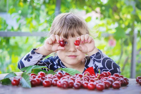 那孩子正在花园里采摘樱桃.有选择的重点. — 图库照片