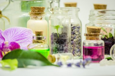 Çiçek ve bitki özleri küçük şişelerde. Seçici odak.