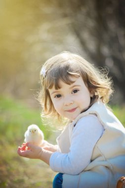 Kolunda bir piliçle kız. Seçici odak. 