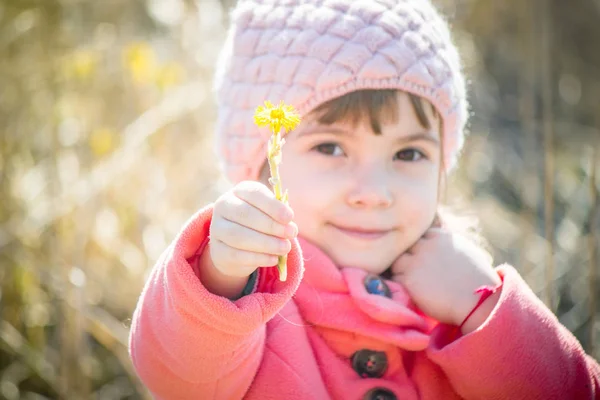 春黄色の女の子は最初花します。選択と集中. — ストック写真