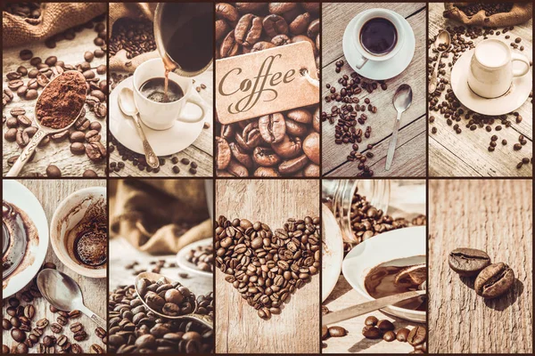 Collage von Kaffee. Eine Menge Bilder. Selektiver Fokus. — Stockfoto
