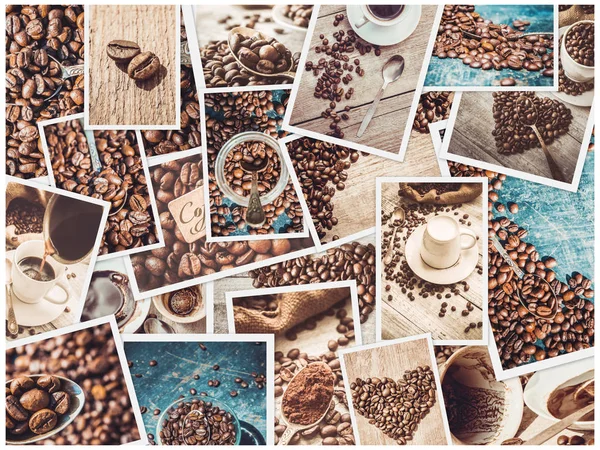 Kollázs a kávé. egy csomó képet. szelektív összpontosít. — Stock Fotó