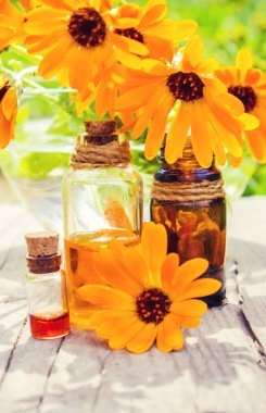 Calendula tentür küçük bir şişe içinde. Seçici odak. 