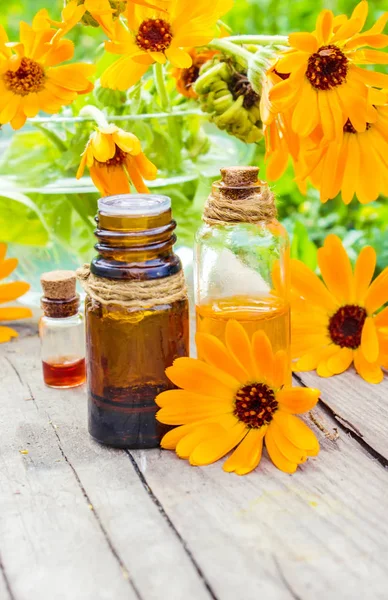 Calendula tinktura v malé lahvičce. Selektivní fokus. — Stock fotografie