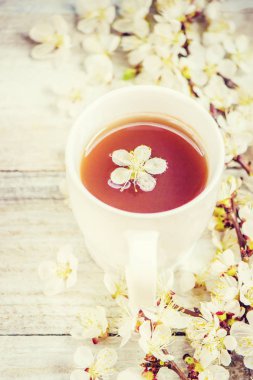 Bahar arka plan, çiçek ve çay. Seçici odak. 