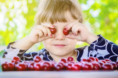 Çocuk bahçede kiraz topluyor. Seçici odak.