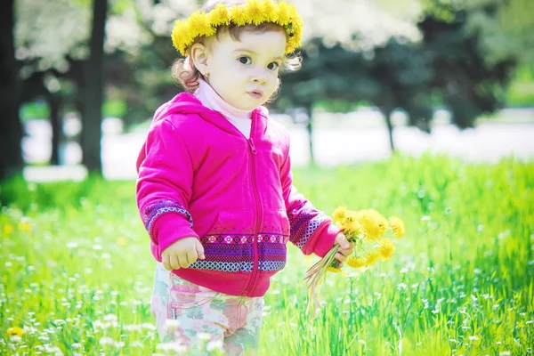 Kız, çocuk, çiçek bahar çalış. Seçici odak. — Stok fotoğraf