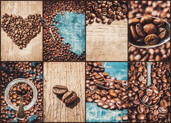 Collage de café. un montón de fotos. enfoque selectivo . — Foto de Stock