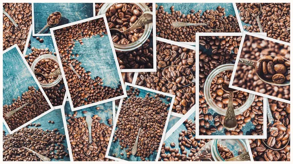 Collage av kaffe. en massa bilder. selektivt fokus. — Stockfoto